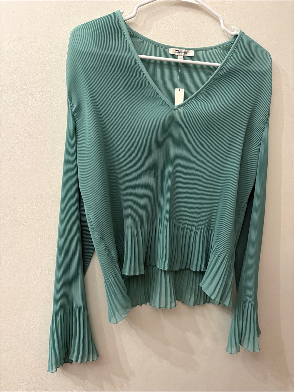 Madewell Pleated V-Neck Blouse in Teal Green - sheer - NWT - medium